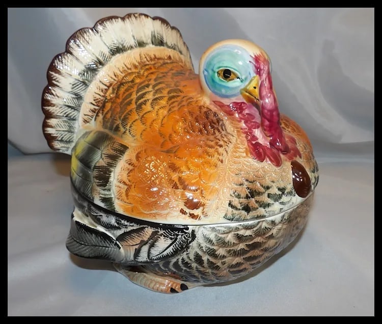Vintage LARGE Lidded Hand-Painted Ceramic Turkey Covered Serving Dish with Handles- Japan - 3