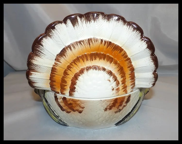 Vintage LARGE Lidded Hand-Painted Ceramic Turkey Covered Serving Dish with Handles- Japan - 4