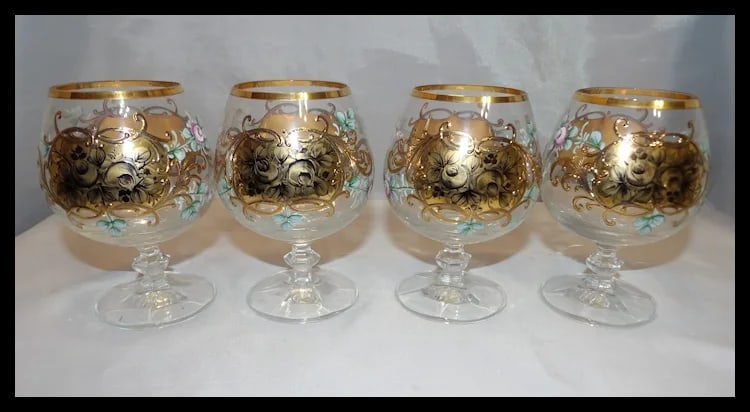 Bohemian Hand Painted Brandy/Cognac Sniffers with 22kt Gold Accents with Presentation Box - 11