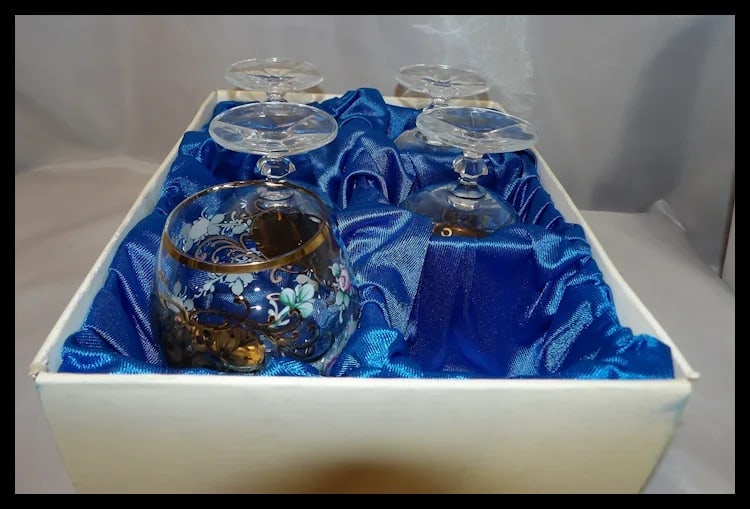 Bohemian Hand Painted Brandy/Cognac Sniffers with 22kt Gold Accents with Presentation Box - 14