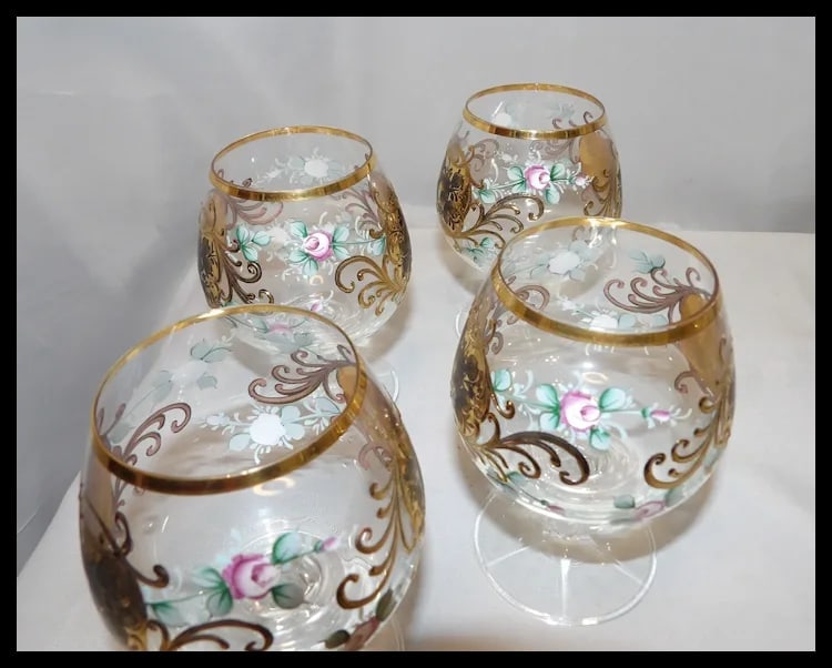 Bohemian Hand Painted Brandy/Cognac Sniffers with 22kt Gold Accents with Presentation Box - 15