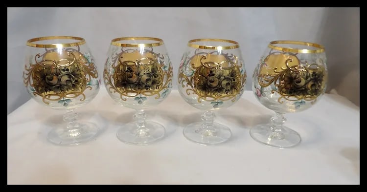 Bohemian Hand Painted Brandy/Cognac Sniffers with 22kt Gold Accents with Presentation Box - 2