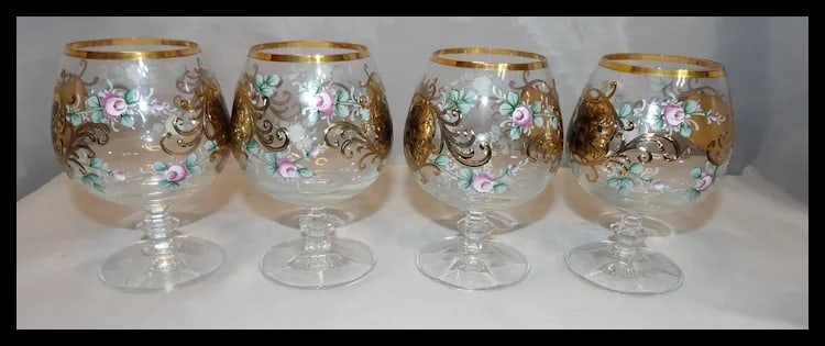 Bohemian Hand Painted Brandy/Cognac Sniffers with 22kt Gold Accents with Presentation Box - 3