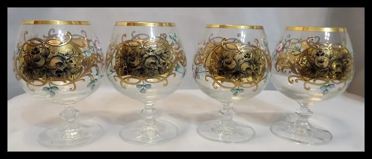 Bohemian Hand Painted Brandy/Cognac Sniffers with 22kt Gold Accents with Presentation Box - 4