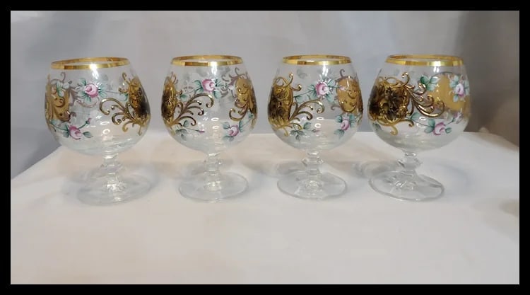 Bohemian Hand Painted Brandy/Cognac Sniffers with 22kt Gold Accents with Presentation Box - 7