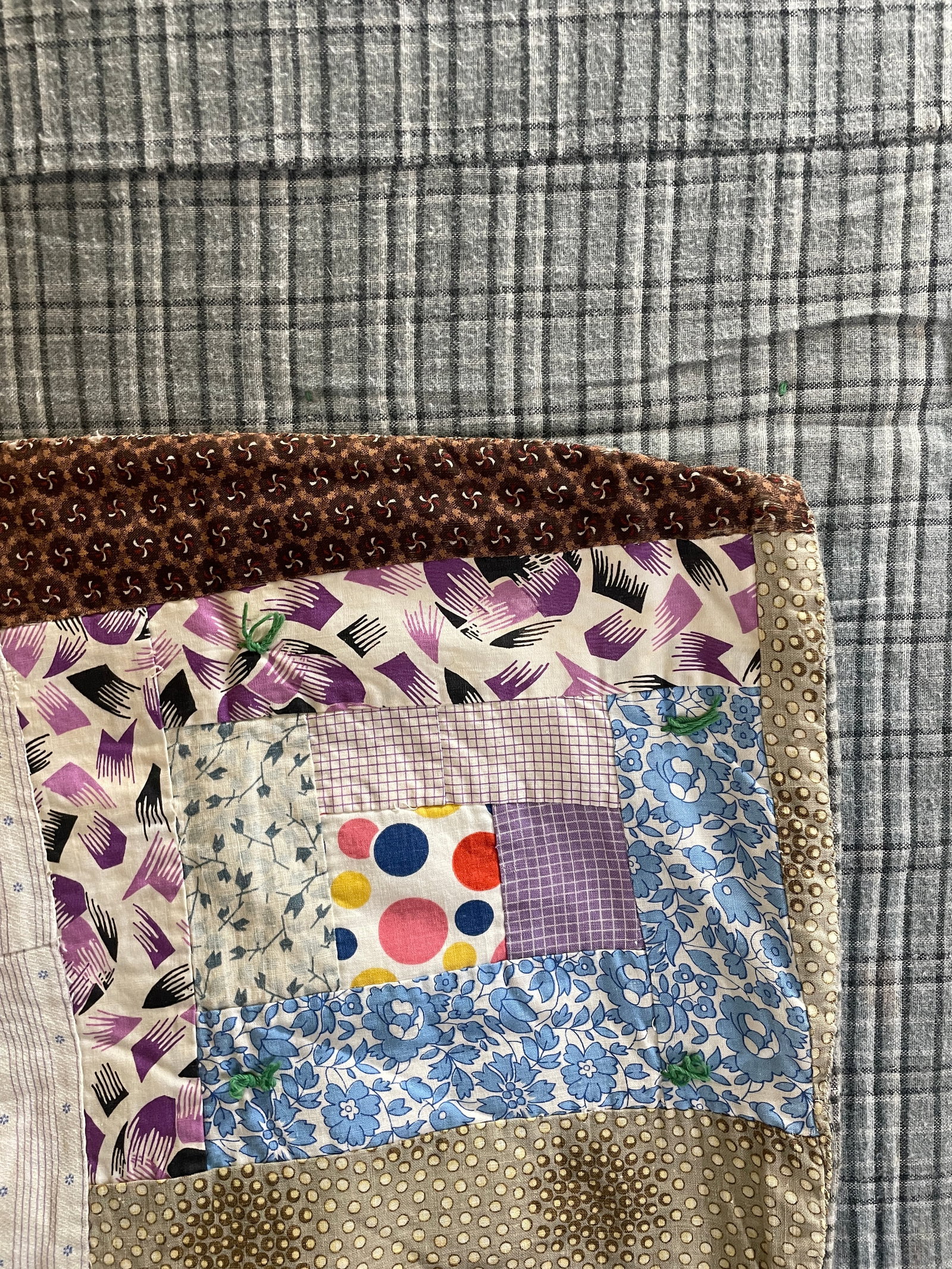 Primitive Quilt 66" x 60" Patchwork with Polka Dot Centers - 6