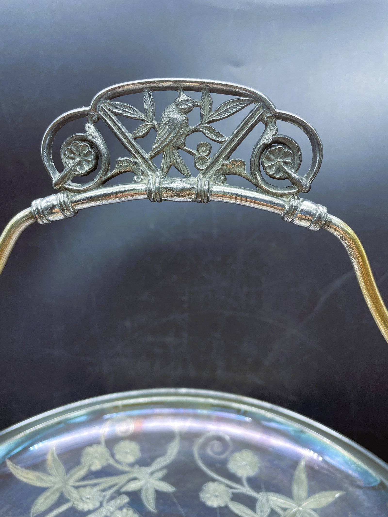 Antique Pairpoint Silver plate Brides Basket Bird Finial Swivel Top - 6
