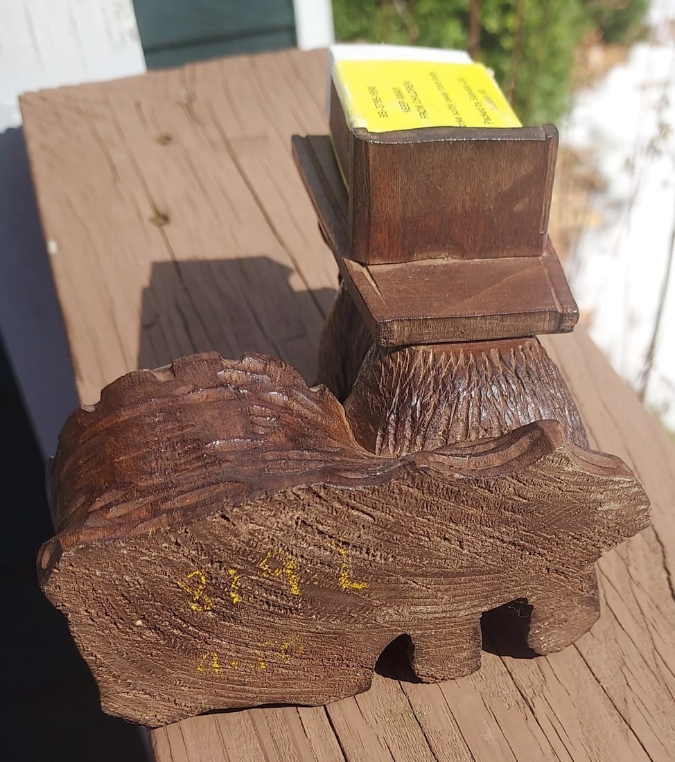 Antique Wood Carved Folk Art Black Forest Bear match holder change - 4