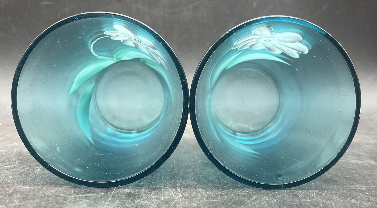 Antique Hand Painted Victorian Blue Glass Tumblers - 6