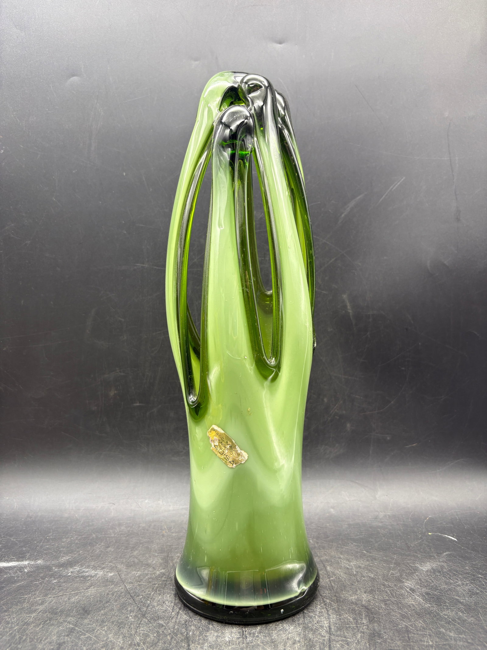 Vintage MAEXSA Hand Blown Green Art Glass Pulled Basket Vase - 2