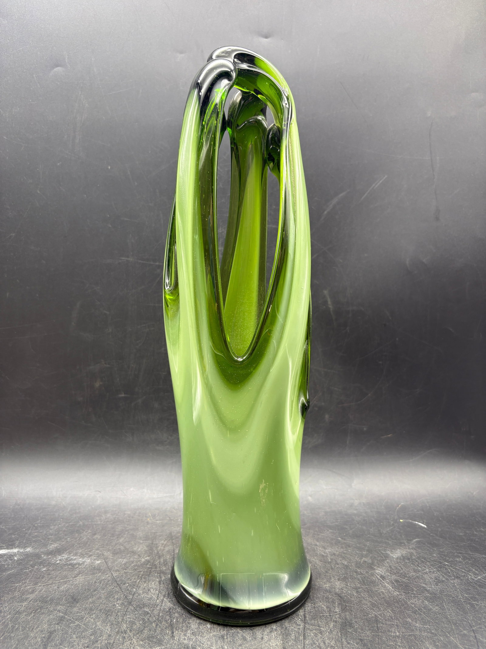 Vintage MAEXSA Hand Blown Green Art Glass Pulled Basket Vase - 8