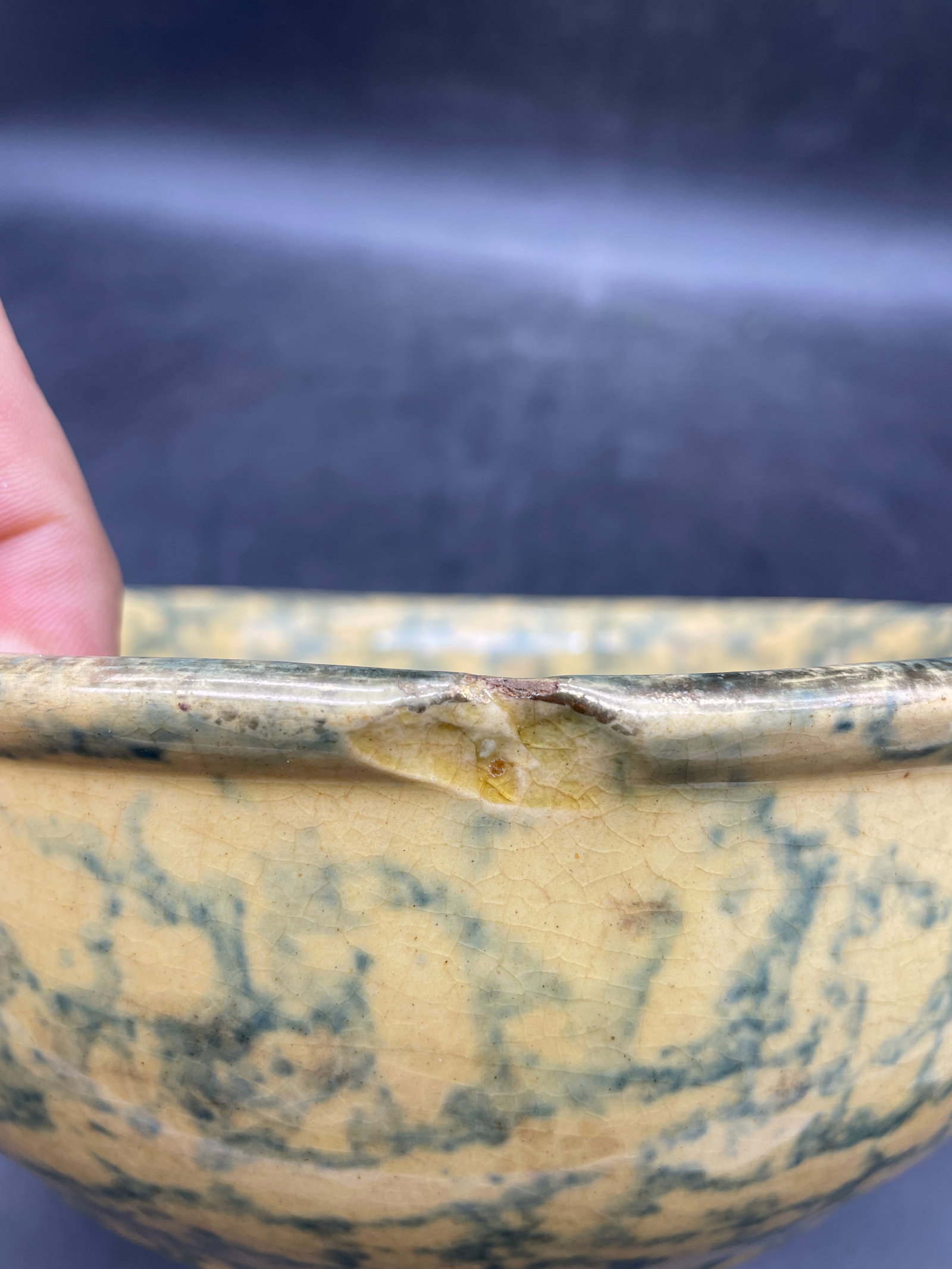 Antique 8" Spongeware Bowl Yellowware - 7