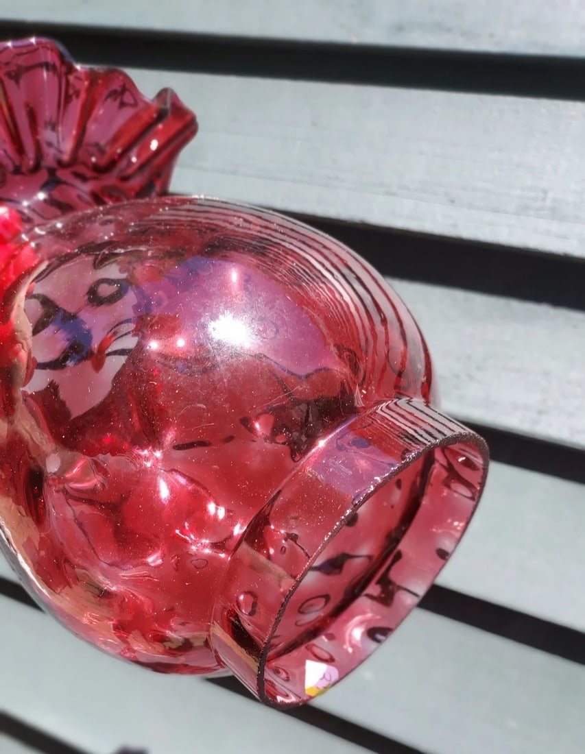Rare Red Thumbprint oil gas lamp shade art fluted glass Fenton ? - 2