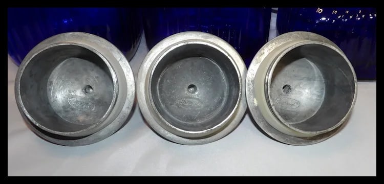 Vintage Set of 3 Artland Cobalt Blue Square Ribbed Glass Canister with Pewter Metal Lids - 5