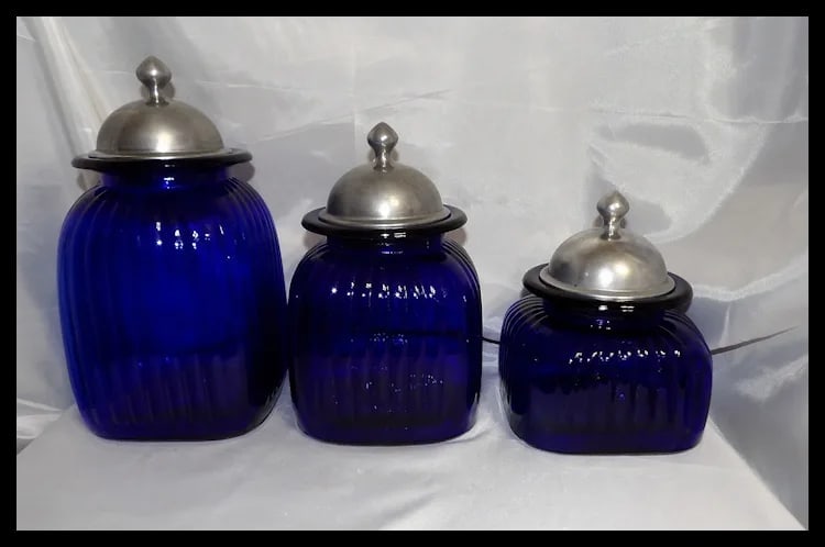 Vintage Set of 3 Artland Cobalt Blue Square Ribbed Glass Canister with Pewter Metal Lids - 7