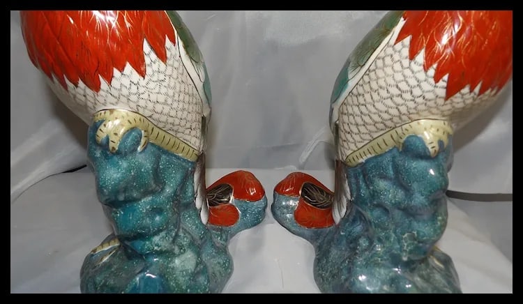 Pair of 17” tall Japanese Showa Period Kutani Bird Statues - 10