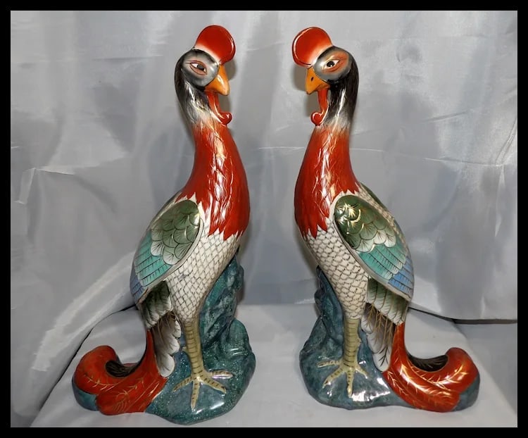 Pair of 17” tall Japanese Showa Period Kutani Bird Statues - 5