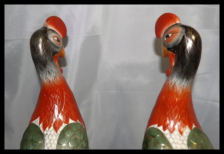 Pair of 17” tall Japanese Showa Period Kutani Bird Statues - 7