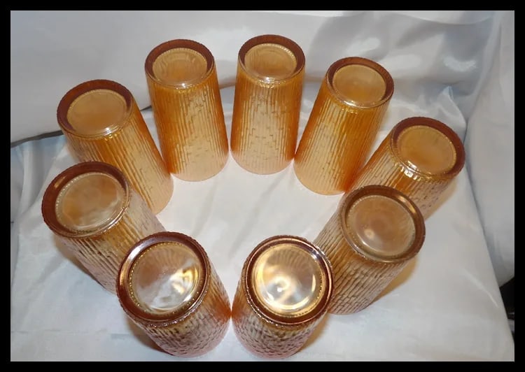 Vintage Jeannette Glass Iridescent Marigold Tree Bark Pattern Pitcher & 9 Rare (23 oz) Iced Tea - 10