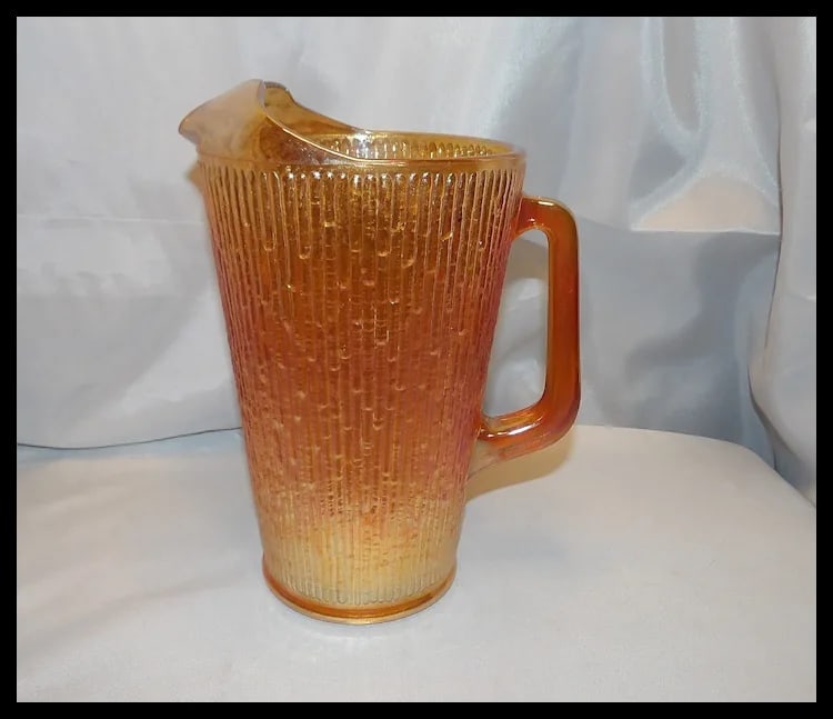 Vintage Jeannette Glass Iridescent Marigold Tree Bark Pattern Pitcher & 9 Rare (23 oz) Iced Tea - 11