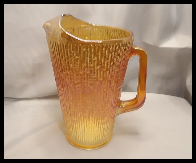 Vintage Jeannette Glass Iridescent Marigold Tree Bark Pattern Pitcher & 9 Rare (23 oz) Iced Tea - 16