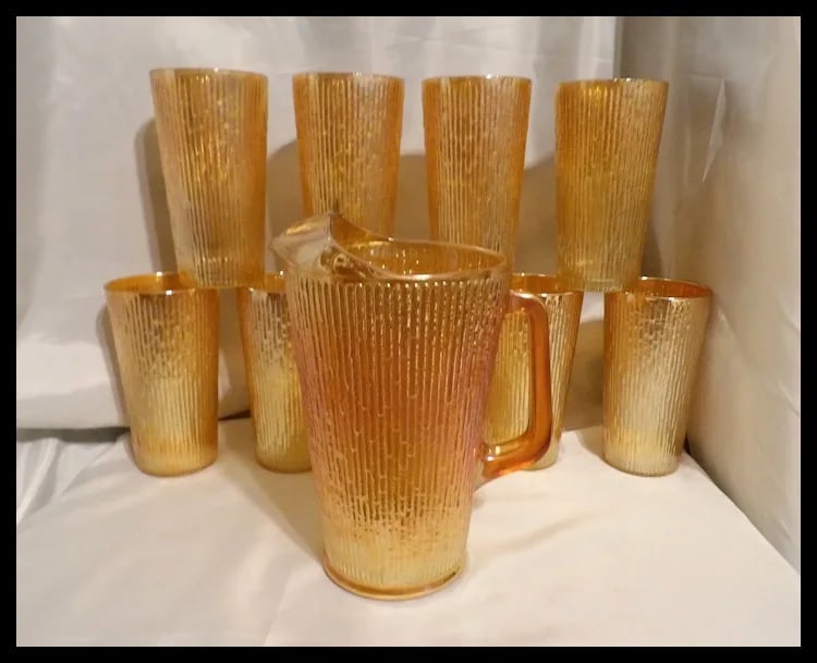 Vintage Jeannette Glass Iridescent Marigold Tree Bark Pattern Pitcher & 9 Rare (23 oz) Iced Tea - 2