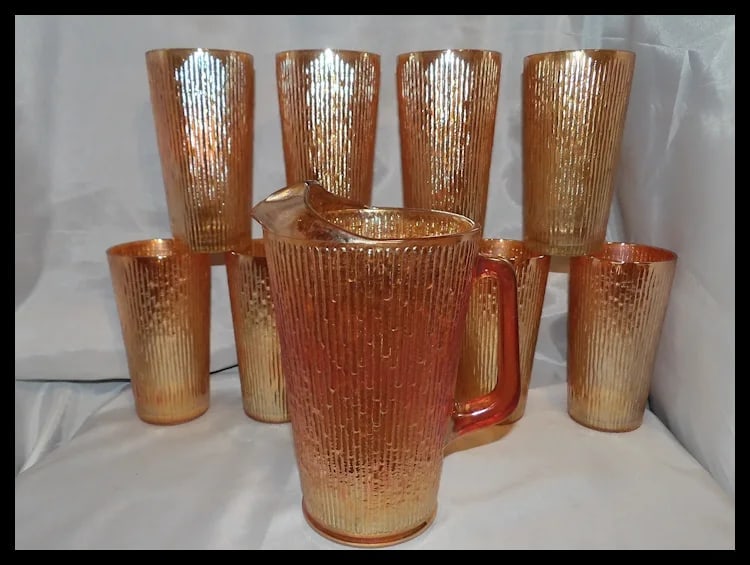Vintage Jeannette Glass Iridescent Marigold Tree Bark Pattern Pitcher & 9 Rare (23 oz) Iced Tea - 3