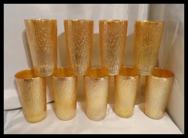 Vintage Jeannette Glass Iridescent Marigold Tree Bark Pattern Pitcher & 9 Rare (23 oz) Iced Tea - 4