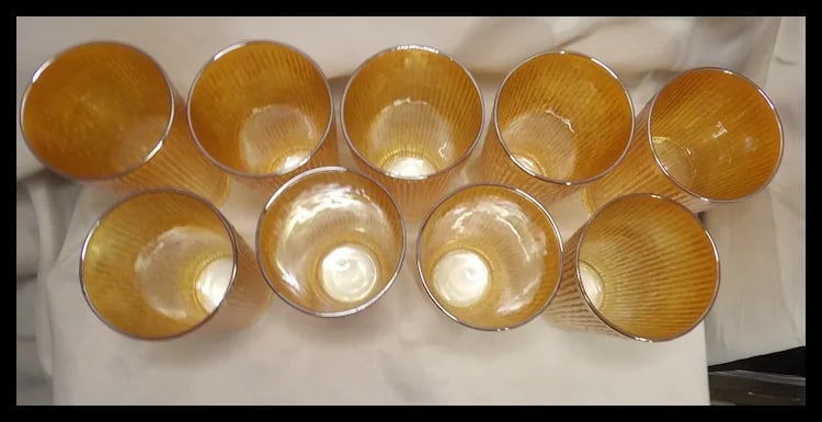 Vintage Jeannette Glass Iridescent Marigold Tree Bark Pattern Pitcher & 9 Rare (23 oz) Iced Tea - 6
