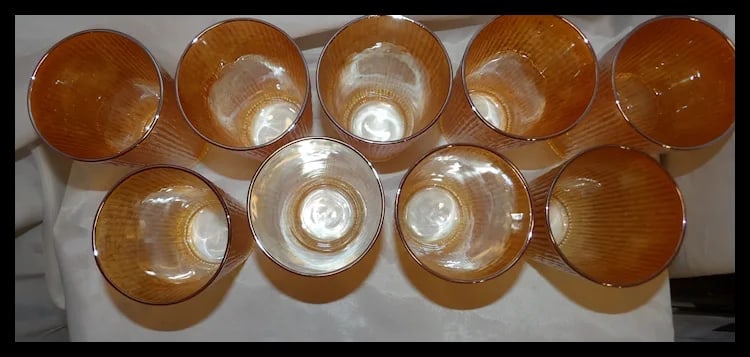 Vintage Jeannette Glass Iridescent Marigold Tree Bark Pattern Pitcher & 9 Rare (23 oz) Iced Tea - 7