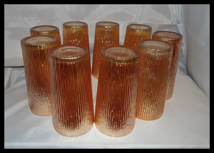 Vintage Jeannette Glass Iridescent Marigold Tree Bark Pattern Pitcher & 9 Rare (23 oz) Iced Tea - 8