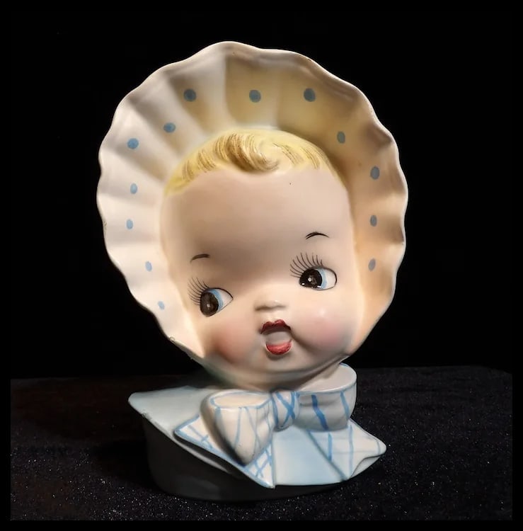 Ucagco Baby Head Vase with Bonnet and Blue Striped Bow - 2