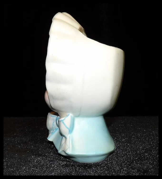 Ucagco Baby Head Vase with Bonnet and Blue Striped Bow - 3