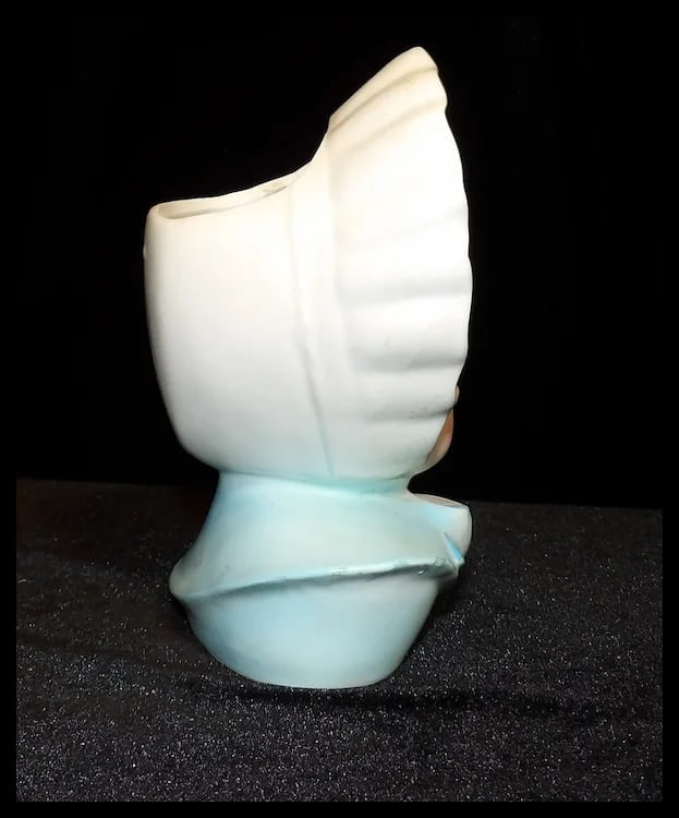 Ucagco Baby Head Vase with Bonnet and Blue Striped Bow - 5