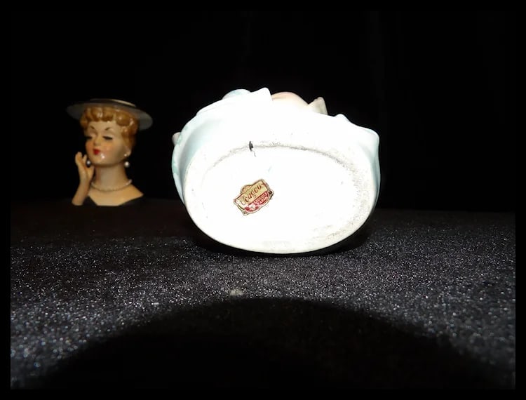 Ucagco Baby Head Vase with Bonnet and Blue Striped Bow - 7