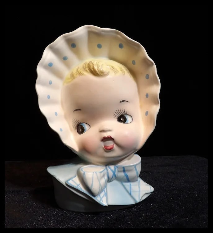 Ucagco Baby Head Vase with Bonnet and Blue Striped Bow - 8
