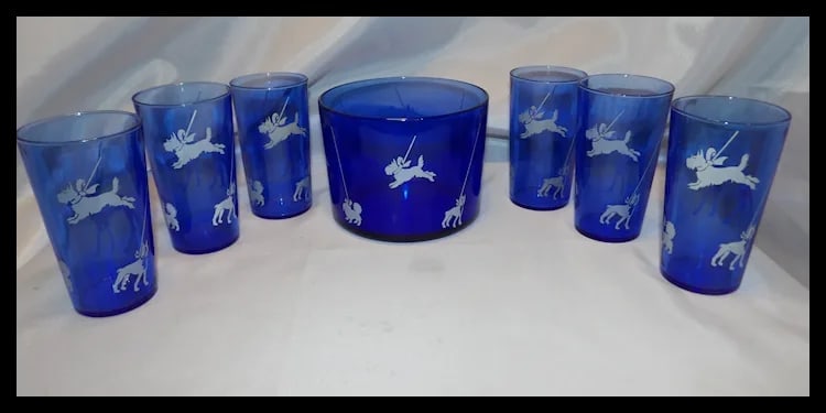 1930’s Cobalt Blue 8 Piece Dog Show (Scottie, Shih Tzu, Boxer, Afghan,) Sportsman Series Ice - 3