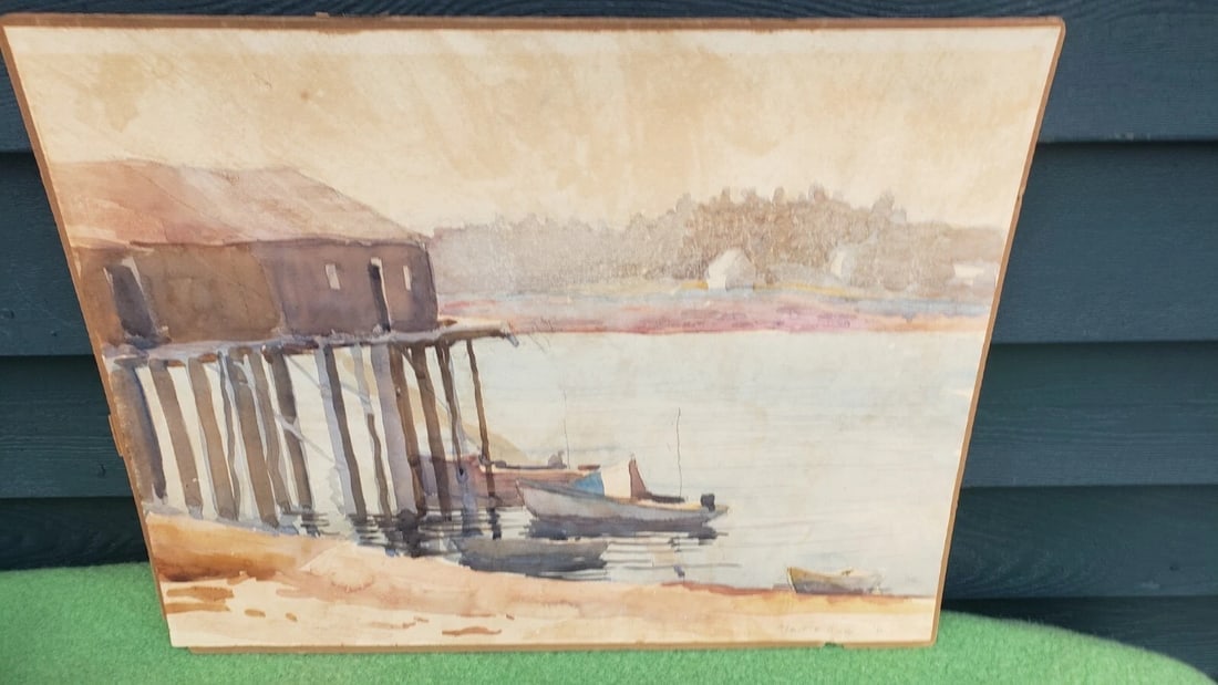 Coastal Maine fisherman Dock 1940 watercolor painting Grady (1 of 3)