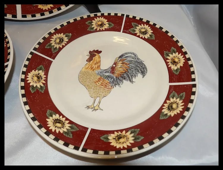 Gibson Brewster: Rooster w/ Sunflowers Set of 8 Large Plates, Bowls, Salad Plates - 4