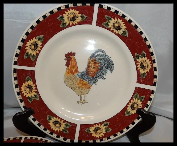 Gibson Brewster: Rooster w/ Sunflowers Set of 8 Large Plates, Bowls, Salad Plates - 5