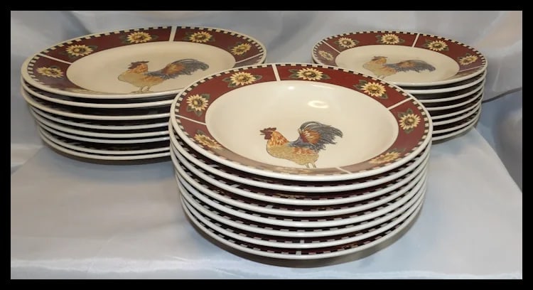Gibson Brewster: Rooster w/ Sunflowers Set of 8 Large Plates, Bowls, Salad Plates - 6