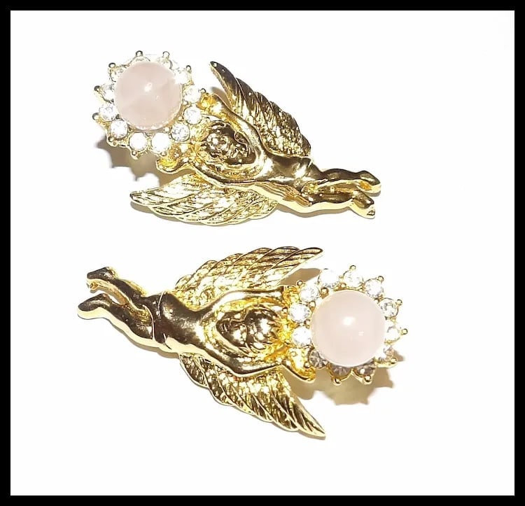 Gold Tone Cherubs with Rhinestones and Faux Pink Pearl Stud Earrings - 2