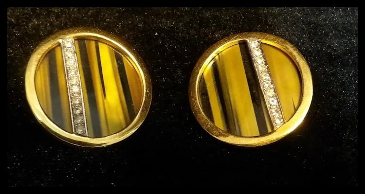 1960s Modernist Signed Trifari Earrings with Tiger’s Eye Gemstones and Rhinestones - 2