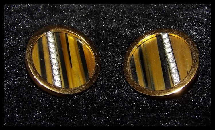 1960s Modernist Signed Trifari Earrings with Tiger’s Eye Gemstones and Rhinestones - 5