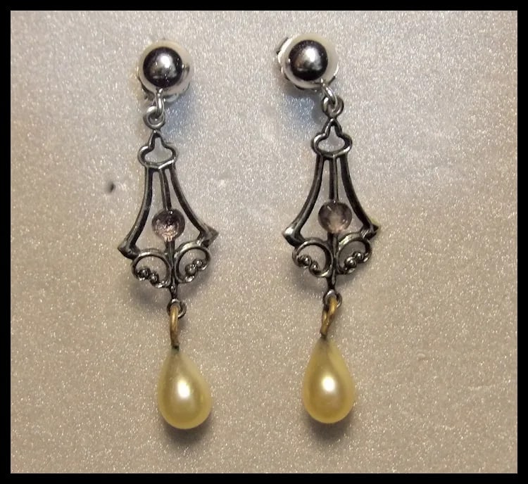 Sterling Silver Post Earrings with Faux Pearls - 3