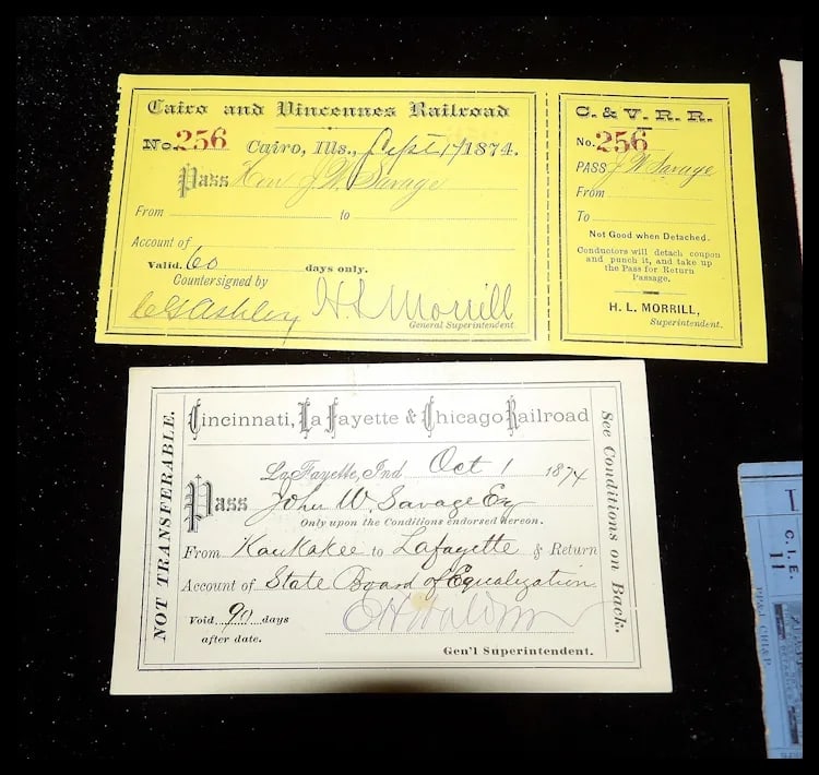 Antique Rail Road Tickets and Passes of the Peoria, Pekin and Jacksonville R.R.-Cairo and Vincennes - 3