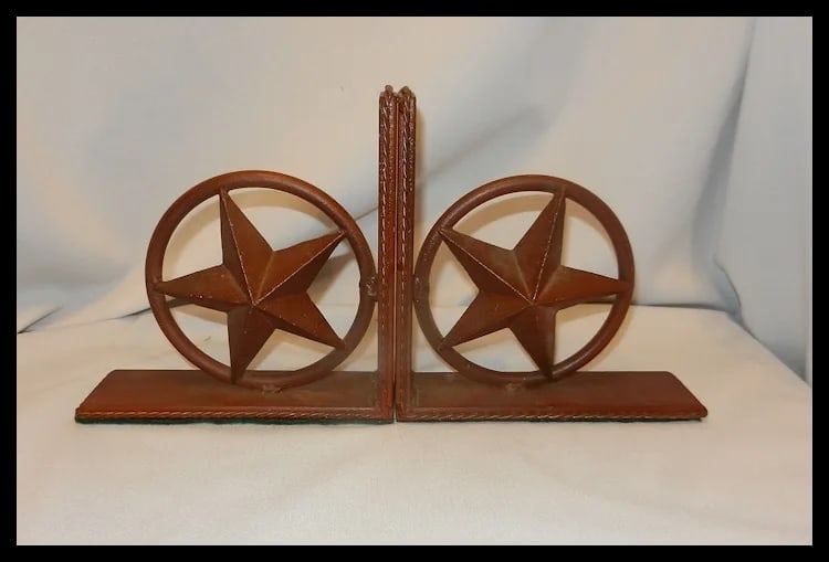 Iron Star-In-Circle Bookends With Braided Metal “Rope” Trim Detail - 2