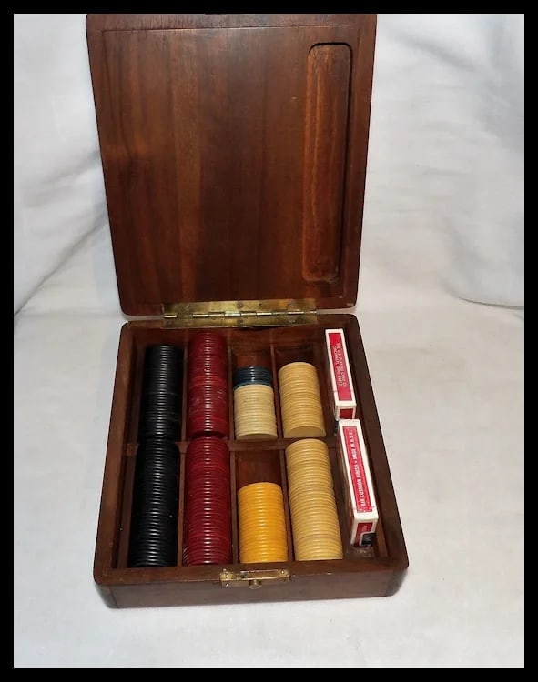 Antique Wooden Poker Chip Box with Clay Poker Chips - 2