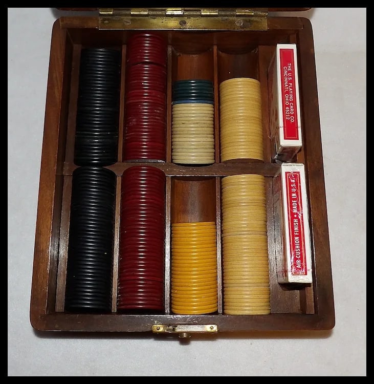 Antique Wooden Poker Chip Box with Clay Poker Chips - 3