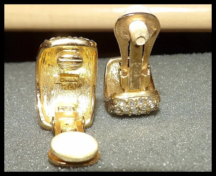 Vintage Roman Gold Tone Rhinestone Clip on Earrings - 6